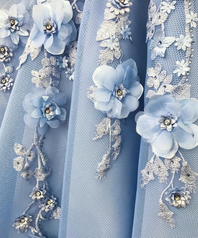 
                      
                        Blue Tulle Off The Shoulder 3D Floral Long Prom Dress
                      
                    