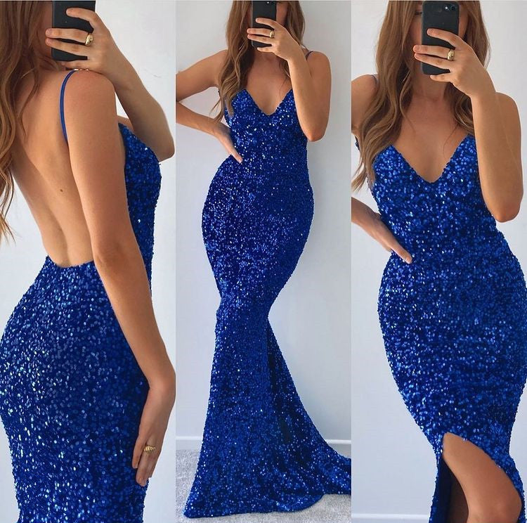 Blue V-neck Mermaid Prom Dress with Sequins and Split