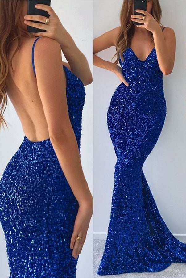 Blue V-neck Mermaid Prom Dress with Sequins and Split