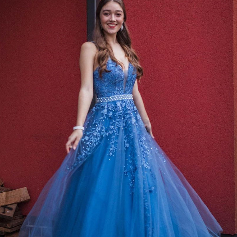 
                      
                        Blue V Neck Tulle Beaded Lace Appliques Long Prom Dresses with Belt, Blue Lace Formal Dresses, Blue Evening Dresses
                      
                    