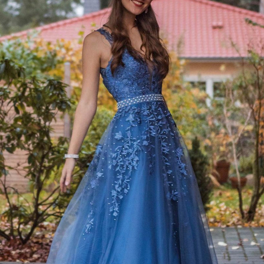 
                      
                        Blue V Neck Tulle Beaded Lace Appliques Long Prom Dresses with Belt, Blue Lace Formal Dresses, Blue Evening Dresses
                      
                    