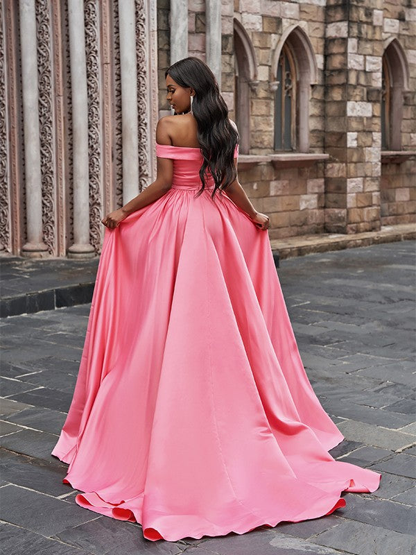 
                      
                        Blush Pink Off-the-Shoulder Prom Gown with Thigh-High Split
                      
                    