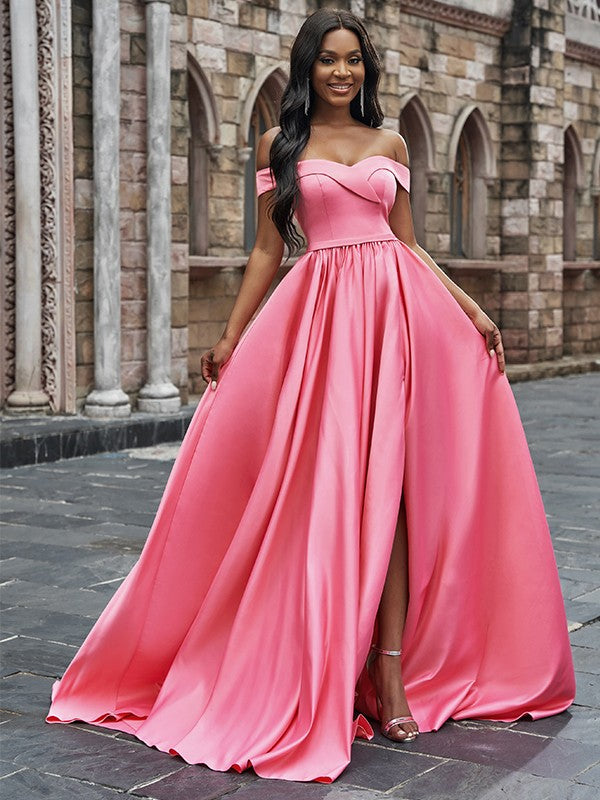 
                      
                        Blush Pink Off-the-Shoulder Prom Gown with Thigh-High Split
                      
                    