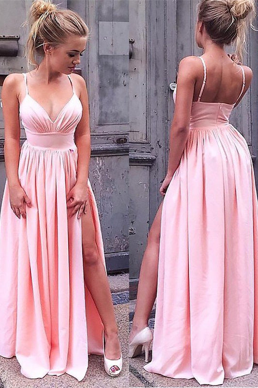 
                      
                        Blush Pink Prom Gown with Flirty Spaghetti Straps and Daring Leg Slit
                      
                    