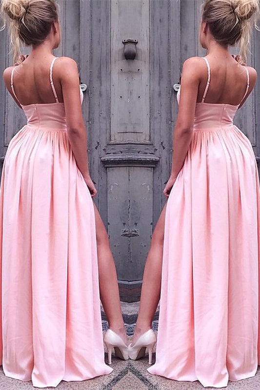 Blush Pink Prom Gown with Flirty Spaghetti Straps and Daring Leg Slit