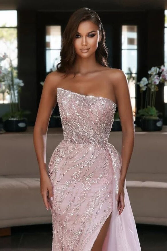 
                      
                        Blush Pink Strapless Mermaid Prom Dress with Sequins and Ruffled Split Online
                      
                    