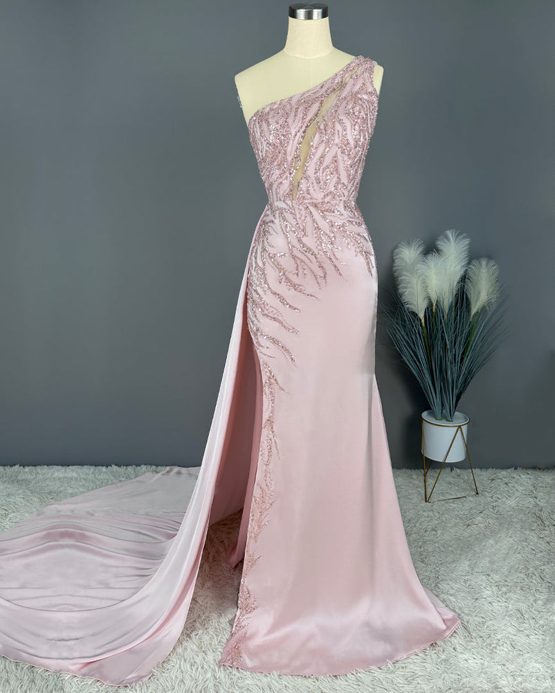 
                      
                        Blushing Pink Prom Dress: Long Party Mermaid Sequins Sleeveless One Shoulder
                      
                    