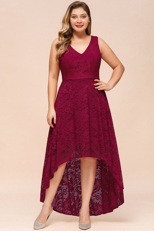 27prom A-line Hi-lo V-neck Burgundy Lace Dresses - Burgundy / S - lace dresses