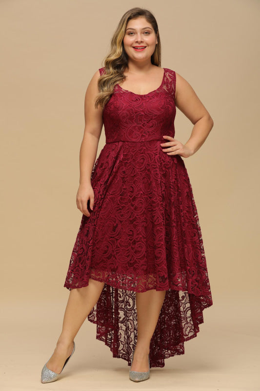 27prom Beautiful A-line Crew Hi-lo Lace Dresses - Burgundy / S - lace dresses