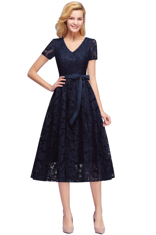 
                      
                        27prom Elegant Short Sleeves Floral Lace V-neck Dresses with Sash
                      
                    