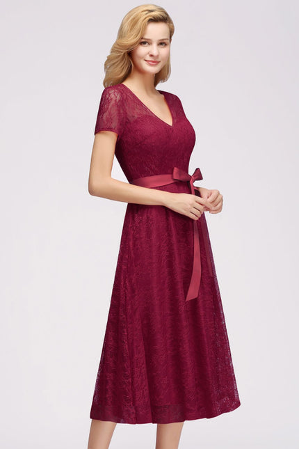 27prom Burgundy Short Sleeves Flower Lace V-neck Dresses with Sash - lace dresses