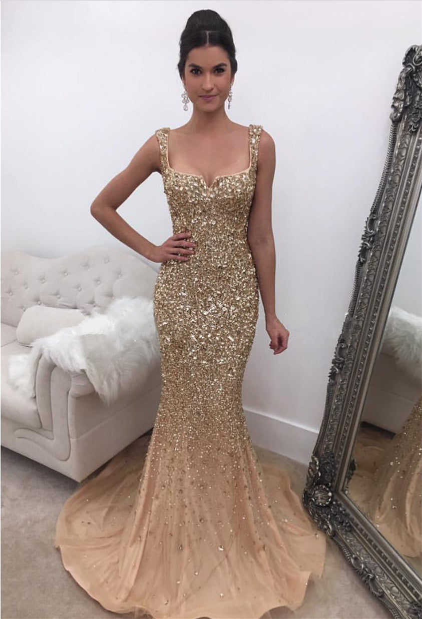 Brilliant Mermaid Evening Dresses | Square Neck Sleeveless Beading Prom Dresses