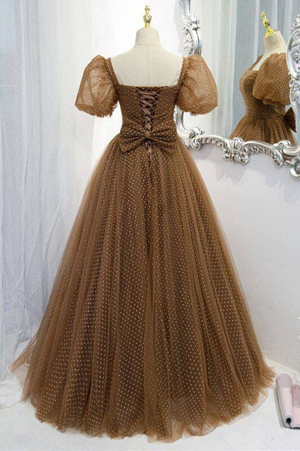 Brown Short Puff Sleeve Formal Dress With White Dots