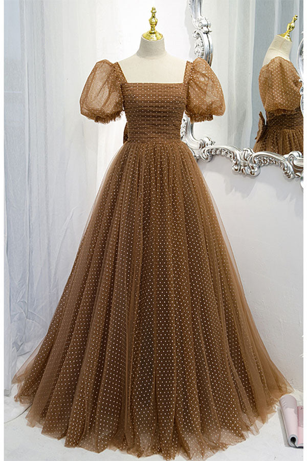 Brown Short Puff Sleeve Formal Dress With White Dots