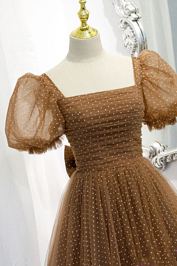 Brown Short Puff Sleeve Formal Dress With White Dots