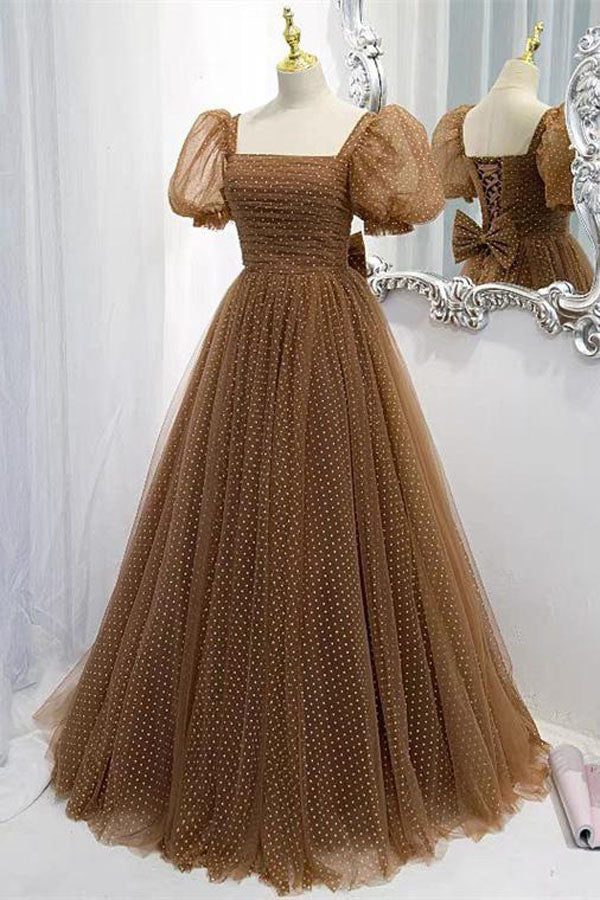 Brown Short Puff Sleeve Formal Dress With White Dots