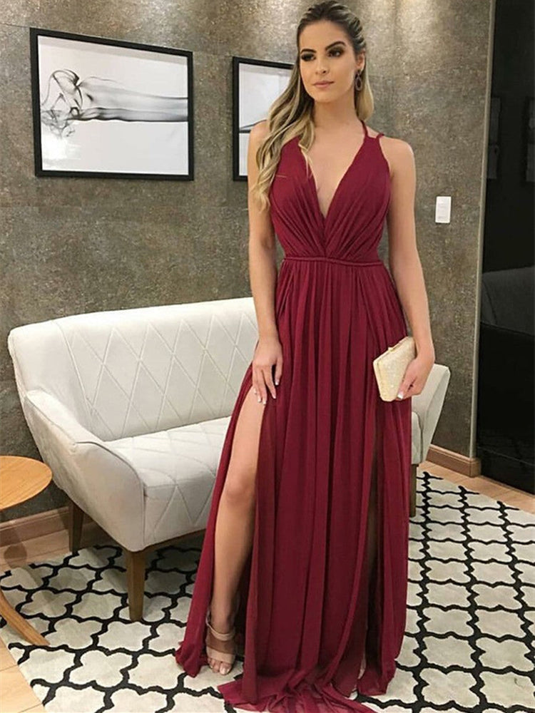 Burgundy A Line V Neck Chiffon Long Prom Dresses with Slit, Burgundy Formal Dresses, Evening Dresses