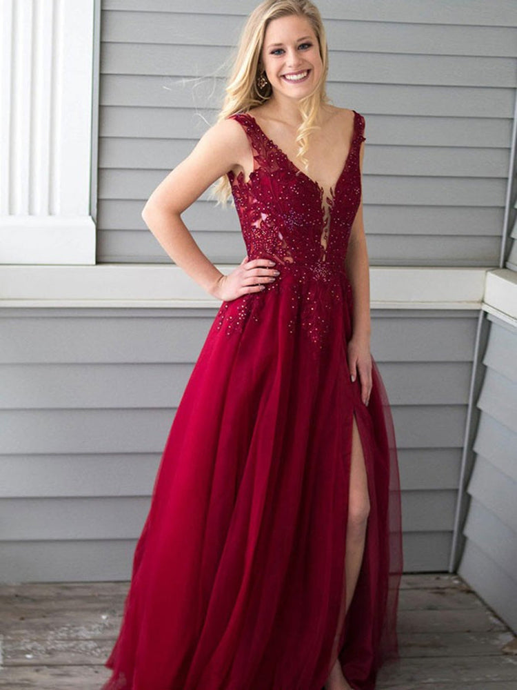 Burgundy A Line V Neck Lace Appliques Beading Chiffon Long Prom Dresses with Slit, Burgundy Lace Formal Dresses, Burgundy Evening Dresses