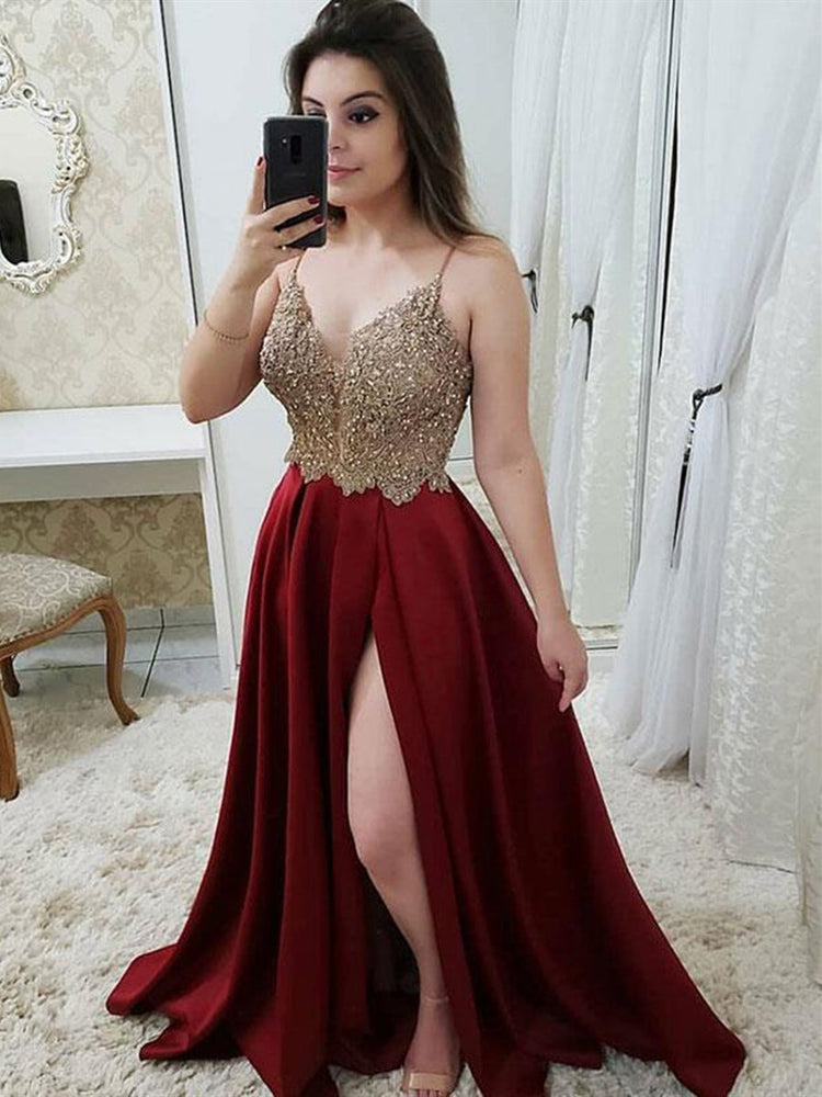 Burgundy A Line V Neck Satin Beaded Long Prom Dresses with Slit, Burgundy Formal Dresses, Burgundy Evening Dresses