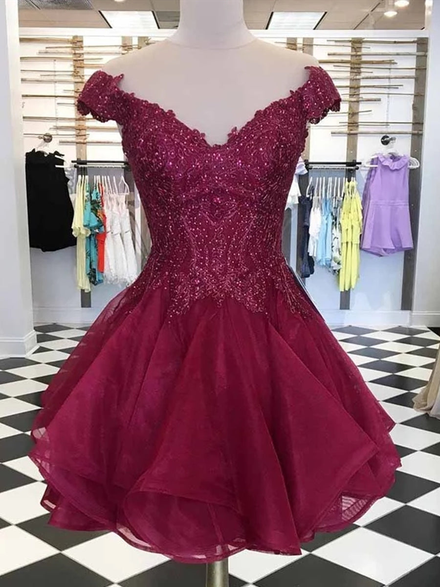 Burgundy Cap Sleeves Lace Short Prom Dresses Homecoming Dresses, Burgundy Lace Formal Dresses, Graduation Dresses, Burgundy Evening Dresses