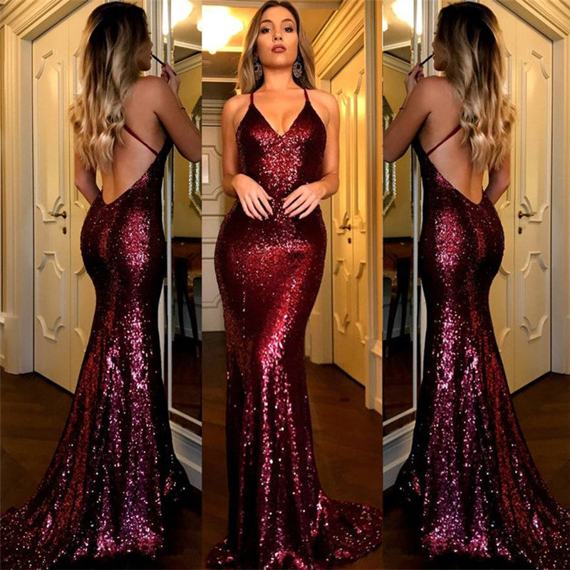 
                      
                        Burgundy Evening Dress with Sequins and Backless Design
                      
                    