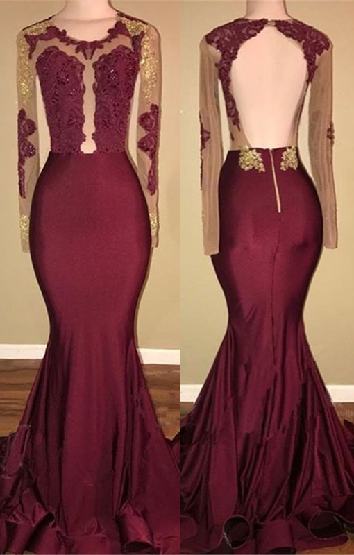 Burgundy Long-Sleeve Prom Dress | Lace Long Evening Gowns BA8439