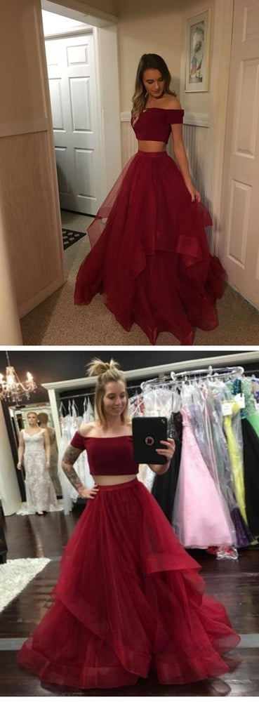 
                      
                        Burgundy Off Shoulder 2 Pieces Tulle Long Prom Dresses, Burgundy Off Shoulder Graduation Dresses, Formal Dresses, Evening Dresses
                      
                    