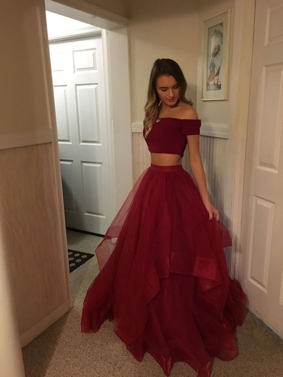 Burgundy Off Shoulder 2 Pieces Tulle Long Prom Dresses, Burgundy Off Shoulder Graduation Dresses, Formal Dresses, Evening Dresses