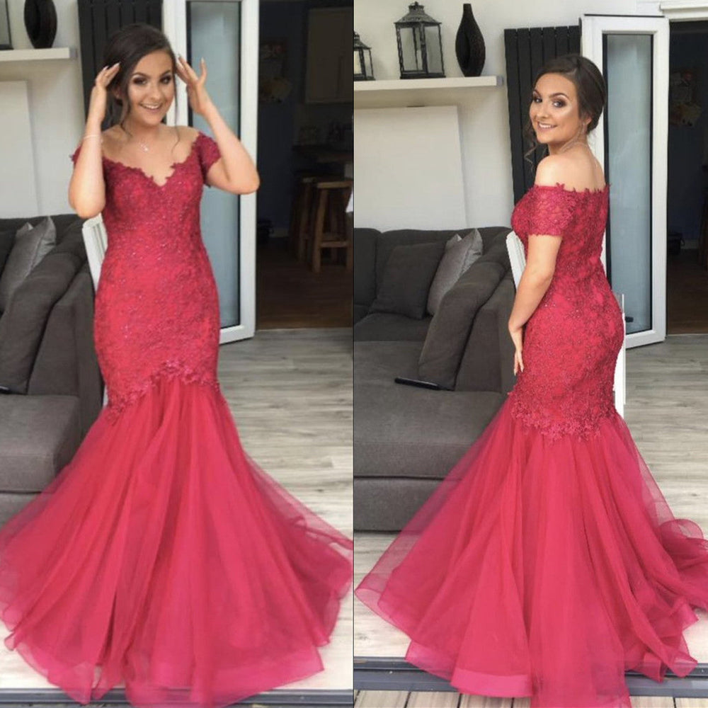 
                      
                        Burgundy Off Shoulder Mermaid Lace Tulle Long Prom Dresses, Burgundy Mermaid Formal Dresses, Ball Gown, Evening Dresses
                      
                    