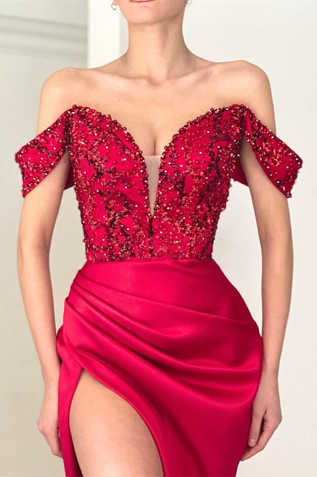 
                      
                        Burgundy Off-The-Shoulder Deep V-Neck Mermaid Prom Dress with Sequins Beadings and Split
                      
                    