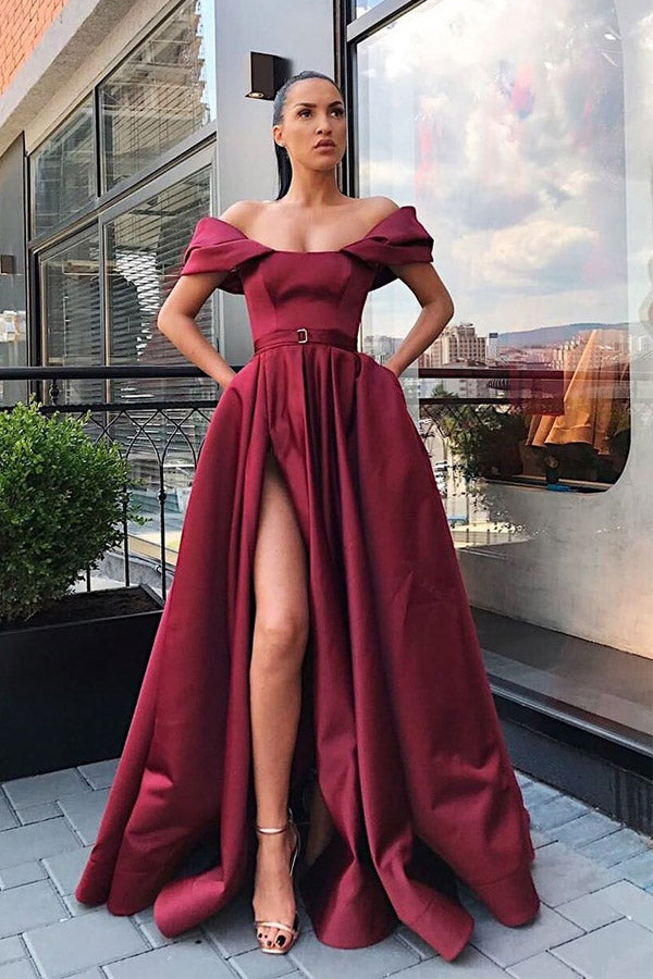 
                      
                        Off The Shoulder Satin Long Prom Dress With Split
                      
                    