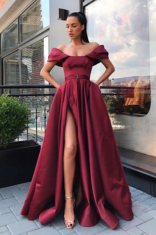 Off The Shoulder Satin Long Prom Dress With Split