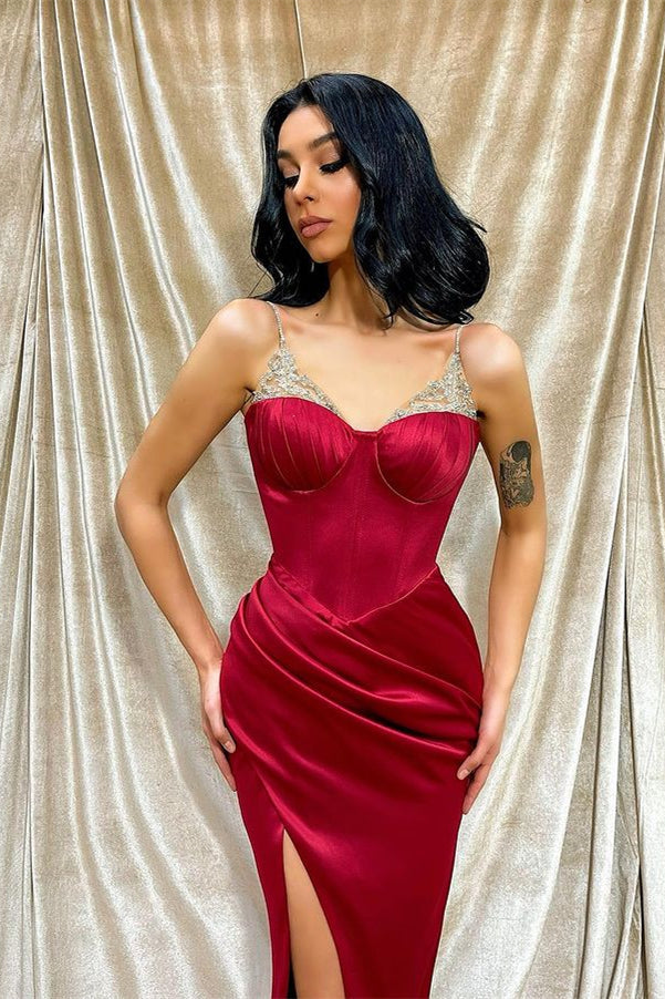 
                      
                        Burgundy Spaghetti Straps Front Split Mermaid Evening Dress With Beadings
                      
                    