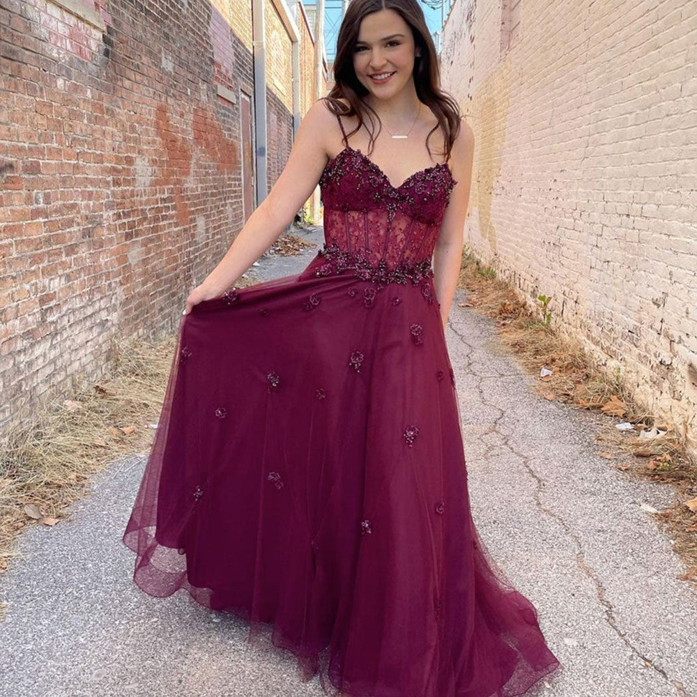 
                      
                        Burgundy Tulle A Line Lace Beaded Long Prom Dresses, Beaded Burgundy Formal Graduation Evening Dresses 
                      
                    