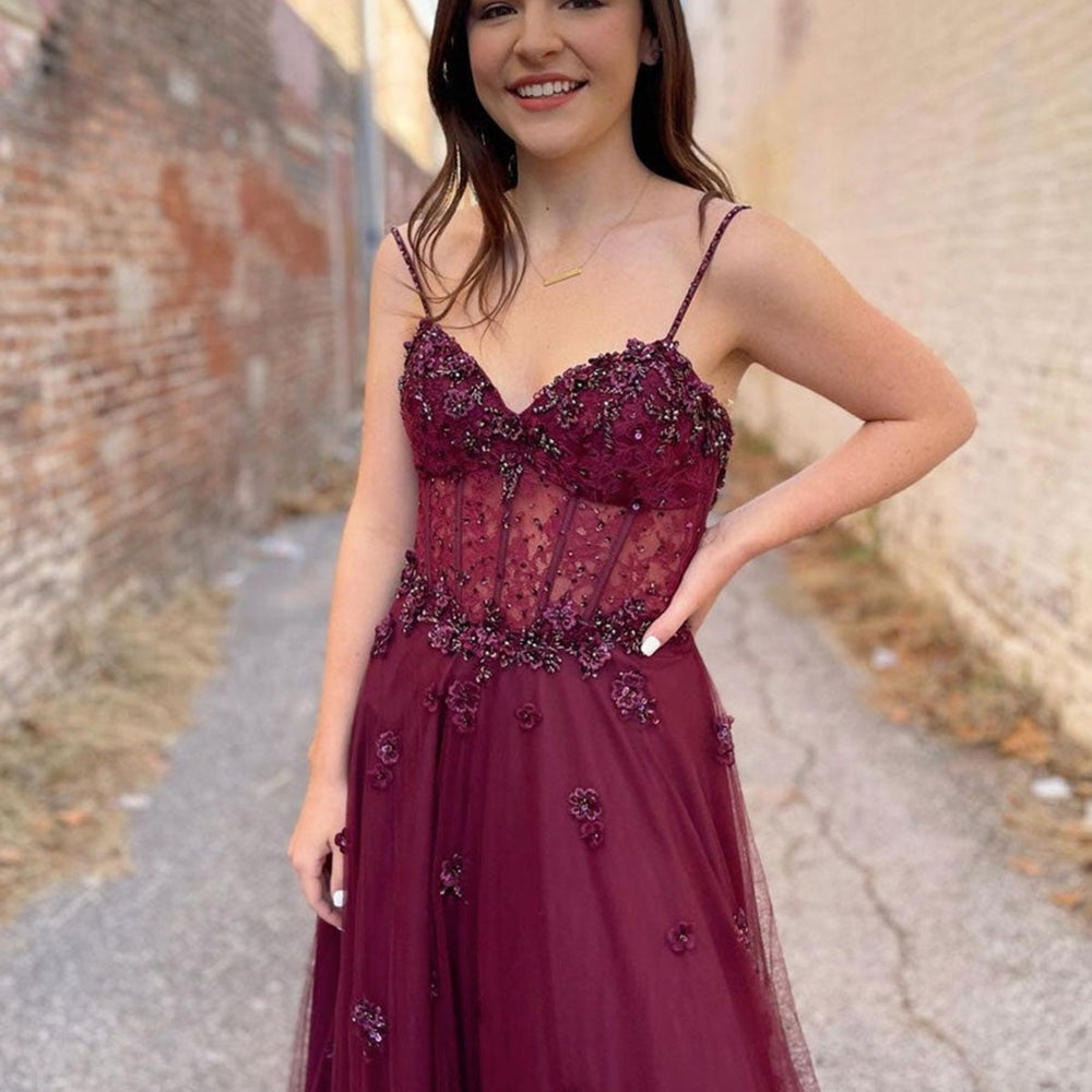 
                      
                        Burgundy Tulle A Line Lace Beaded Long Prom Dresses, Beaded Burgundy Formal Graduation Evening Dresses 
                      
                    