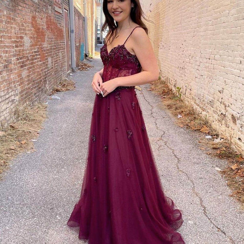 Burgundy Tulle A Line Lace Beaded Long Prom Dresses, Beaded Burgundy Formal Graduation Evening Dresses 