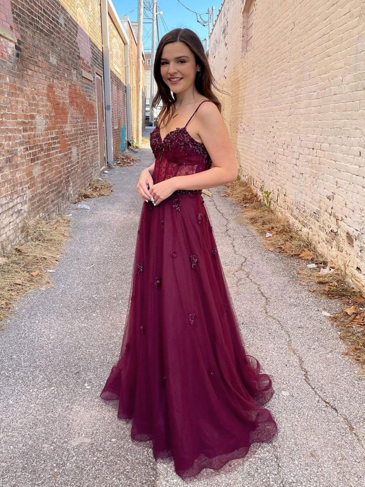 Burgundy Tulle A Line Lace Beaded Long Prom Dresses, Beaded Burgundy Formal Graduation Evening Dresses 