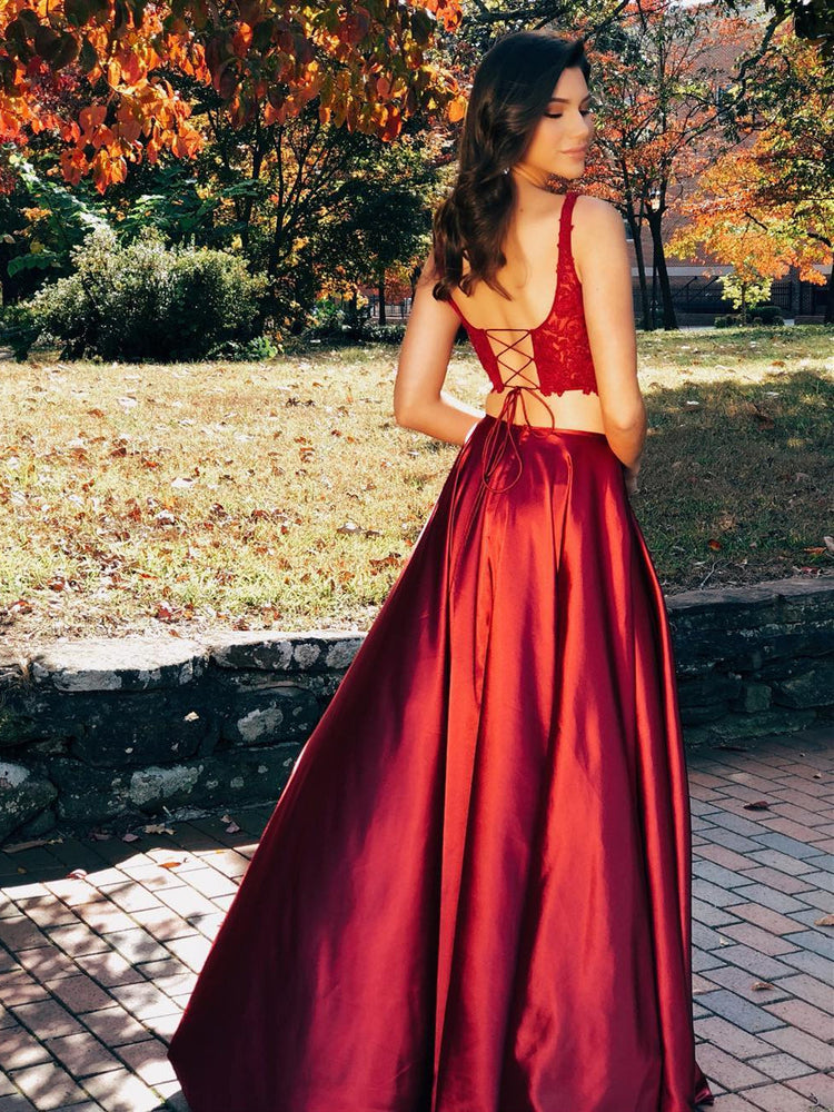 
                      
                        Burgundy Two Pieces Lace Satin Long Prom Dresses with High  Two Pieces Burgundy Formal Dresses, Lace Burgundy Evening Dresses 2019
                      
                    