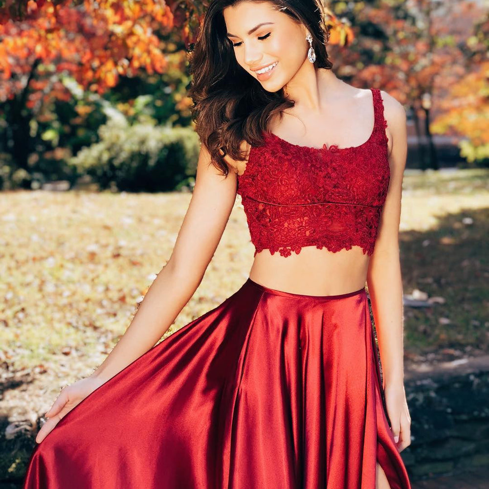 
                      
                        Burgundy Two Pieces Lace Satin Long Prom Dresses with High  Two Pieces Burgundy Formal Dresses, Lace Burgundy Evening Dresses 2019
                      
                    