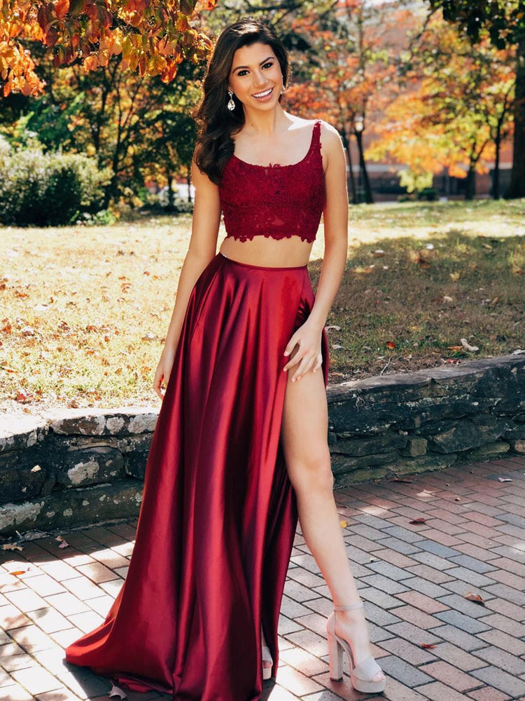 Burgundy Two Pieces Lace Satin Long Prom Dresses with High  Two Pieces Burgundy Formal Dresses, Lace Burgundy Evening Dresses 2019