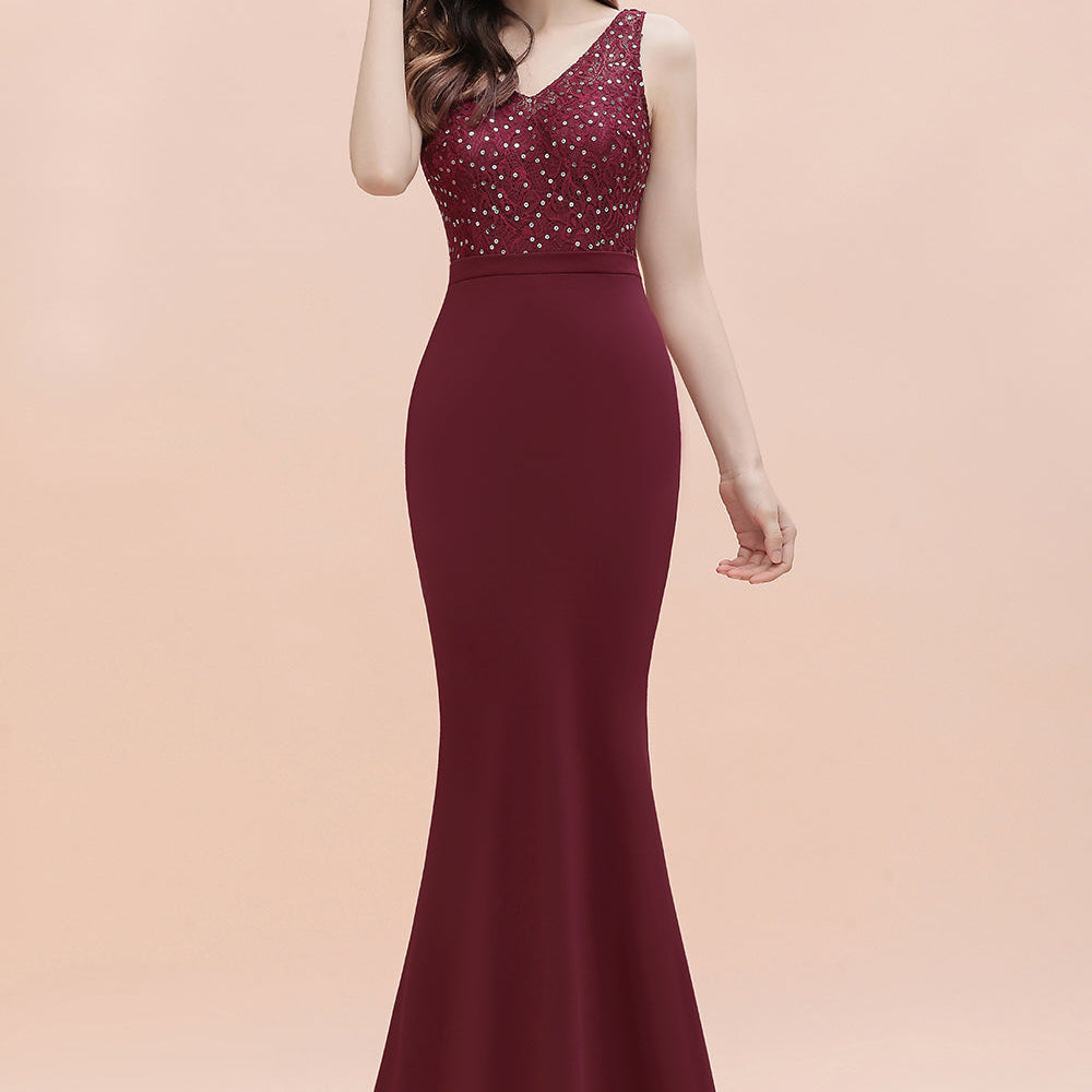 
                      
                        Burgundy V-Neck Mermaid Evening Dress Slim Sequins Party Dress
                      
                    