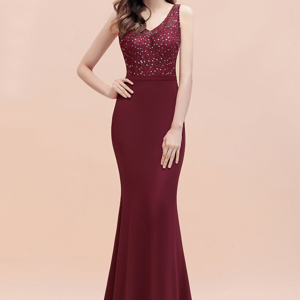 
                      
                        Burgundy V-Neck Mermaid Evening Dress Slim Sequins Party Dress
                      
                    