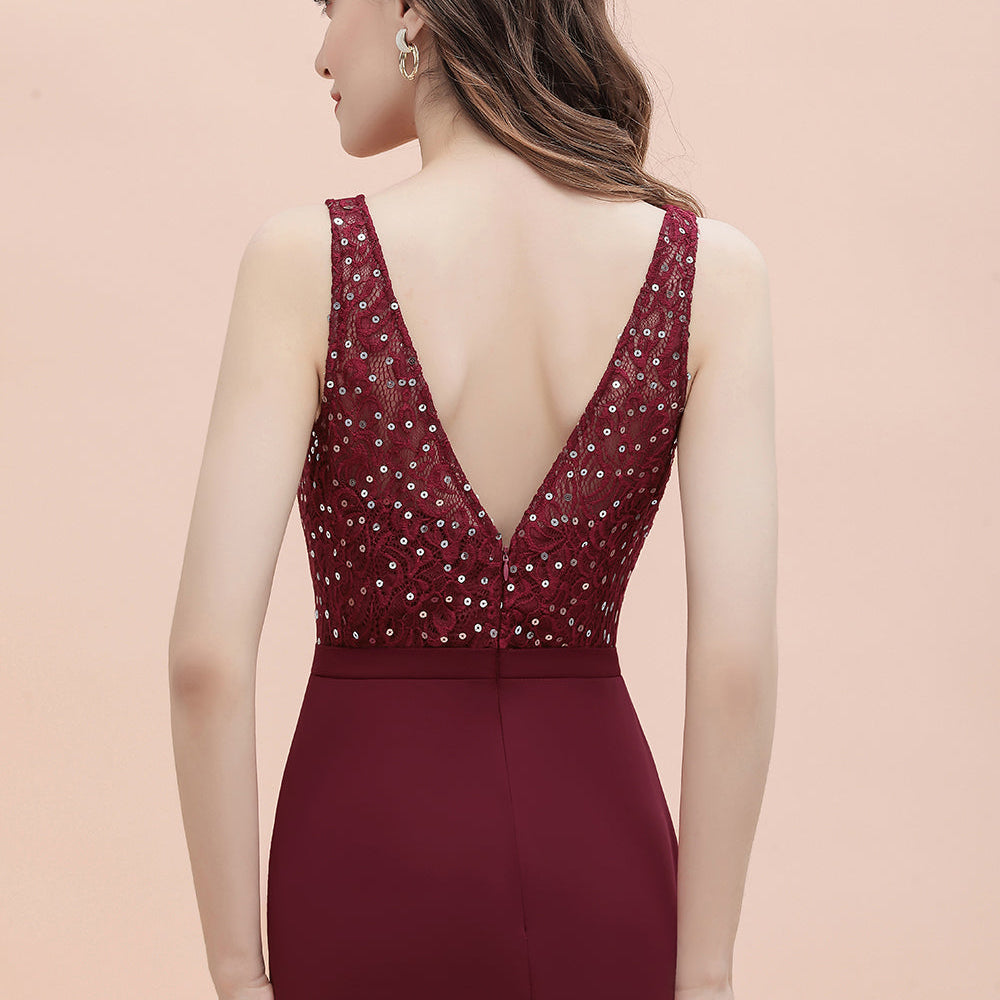 
                      
                        Burgundy V-Neck Mermaid Evening Dress Slim Sequins Party Dress
                      
                    