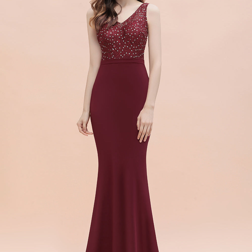 Burgundy V-Neck Mermaid Evening Dress Slim Sequins Party Dress