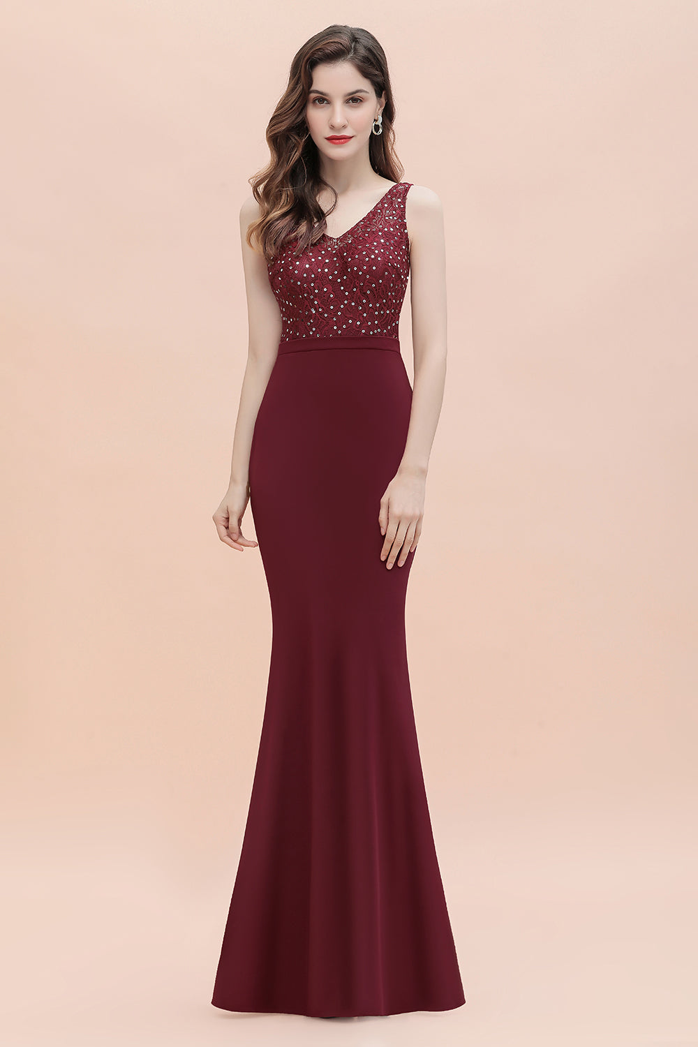 Burgundy V-Neck Mermaid Evening Dress Slim Sequins Party Dress