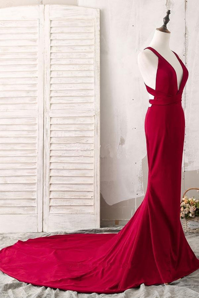 
                      
                        Burgundy V Neck Mermaid Open Back Satin Long Prom Dresses with Sweep Train, V Neck Backless Burgundy Formal Dresses, Burgundy Evening Dresses
                      
                    