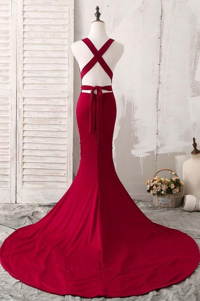 
                      
                        Burgundy V Neck Mermaid Open Back Satin Long Prom Dresses with Sweep Train, V Neck Backless Burgundy Formal Dresses, Burgundy Evening Dresses
                      
                    