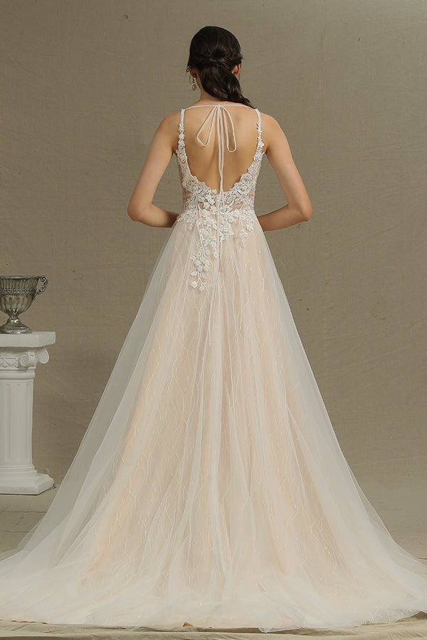 
                      
                        Floral Applique A-Line Wedding Dress with Side Split and Backless Design
                      
                    