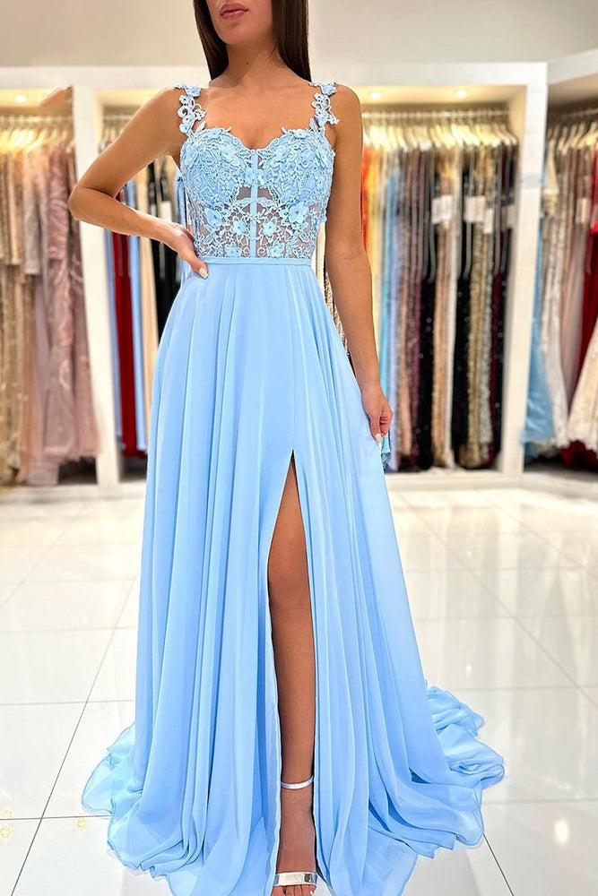 
                      
                        Baby Blue Sweetheart A-Line Lace Long Prom Dress with Slit
                      
                    