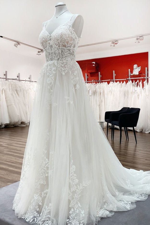 
                      
                        Elegant V-Neck Long A-Line Lace Wedding Dress with Tulle and Spaghetti Straps
                      
                    